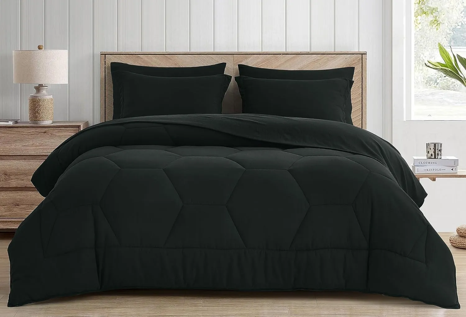 Chezmoi Collection Piper King Bed in a Bag 7-Pieces Honeycomb Geometric Hexagon Quilted Stone Washed Microfiber Comforter with Sheets Lightweight All Season Bedding Set (King, Black)