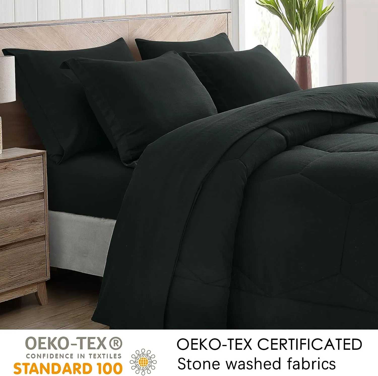 Chezmoi Collection Piper King Bed in a Bag 7-Pieces Honeycomb Geometric Hexagon Quilted Stone Washed Microfiber Comforter with Sheets Lightweight All Season Bedding Set (King, Black)