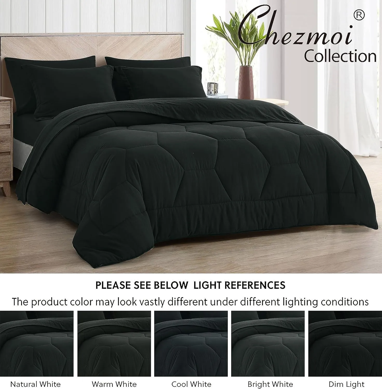 Chezmoi Collection Piper King Bed in a Bag 7-Pieces Honeycomb Geometric Hexagon Quilted Stone Washed Microfiber Comforter with Sheets Lightweight All Season Bedding Set (King, Black)