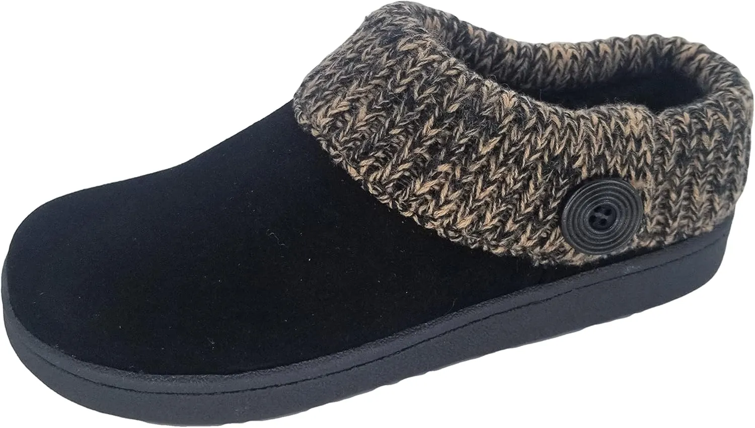 Clarks Womens Suede Leather Comfort Clog Knitted Collar Slipper - Plush Faux Fur Trim - Indoor Outdoor House Slippers For Women (Black/Beige 6M)