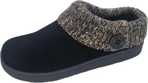 Clarks Womens Suede Leather Comfort Clog Knitted Collar Slipper - Plush Faux Fur Trim - Indoor Outdoor House Slippers For Women (Black/Beige 6M)
