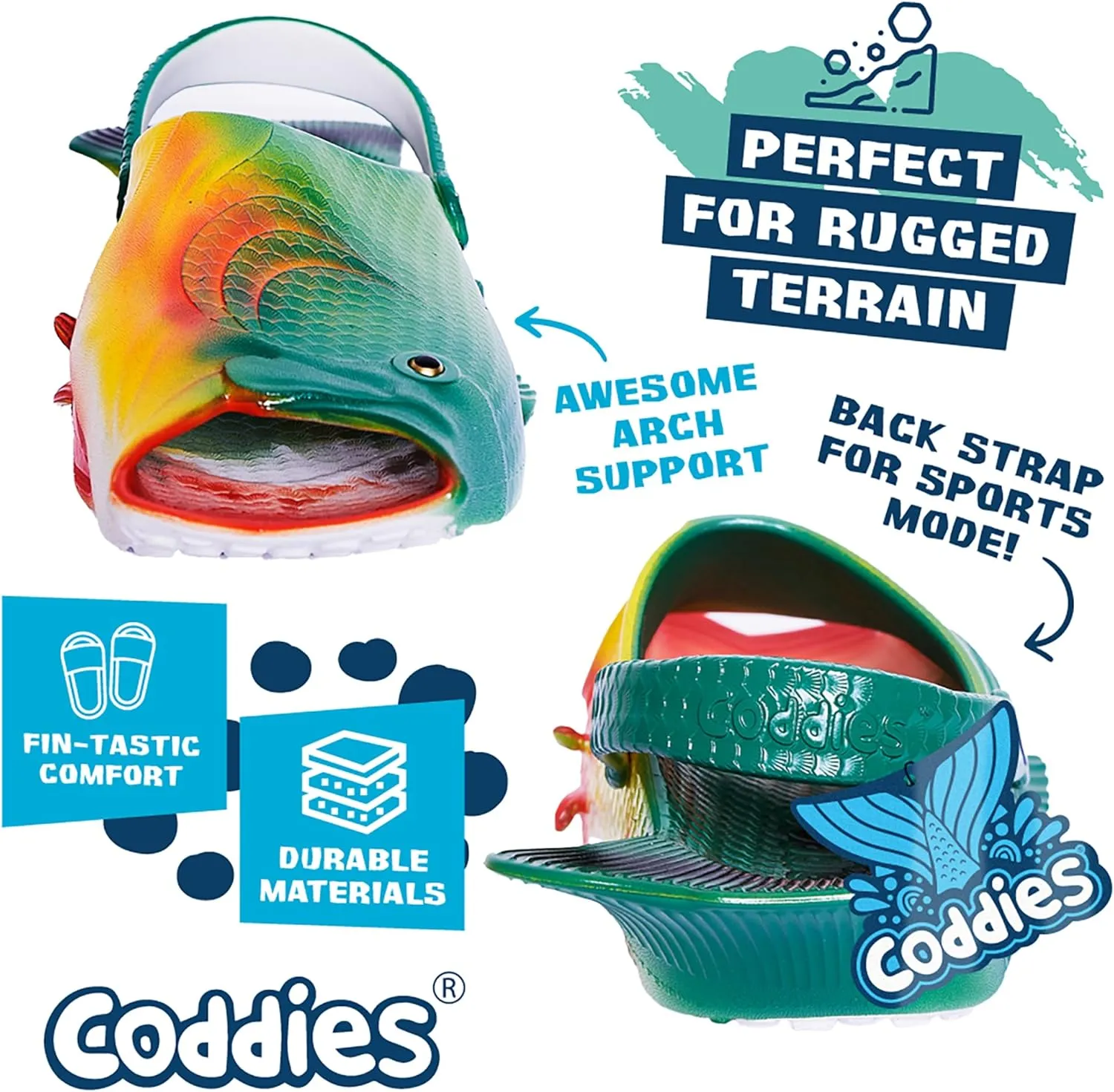 Coddies Fish Clogs | Sporty Bass Fish Flip Flops with Back Strap | Funny Fishing Gift, Fish Sandals, Bass Slides, Pool, Beach & Shower Shoes | Men & Women