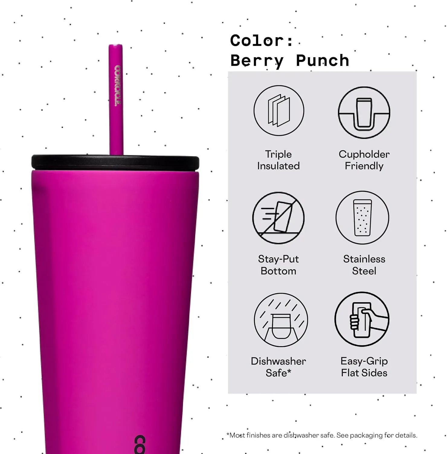 Corkcicle Cold Cup Insulated Tumbler with Lid and Straw, Berry Punch, 24 oz – Reusable Water Bottle Keeps Beverages Cold for 12hrs, Hot 5hrs – Cupholder Friendly Tumbler, Lid for Flexible Sipping