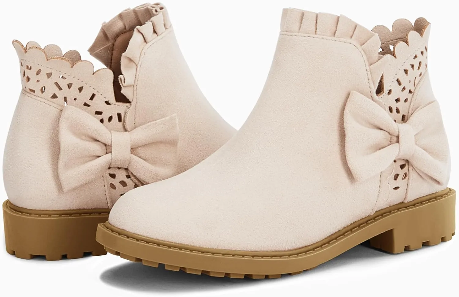 Coutgo Girls Bow Ankle Boots Ruffled Chunky Heel with Classic Side Zipper Dress Booties for Little Kids/Big Kids