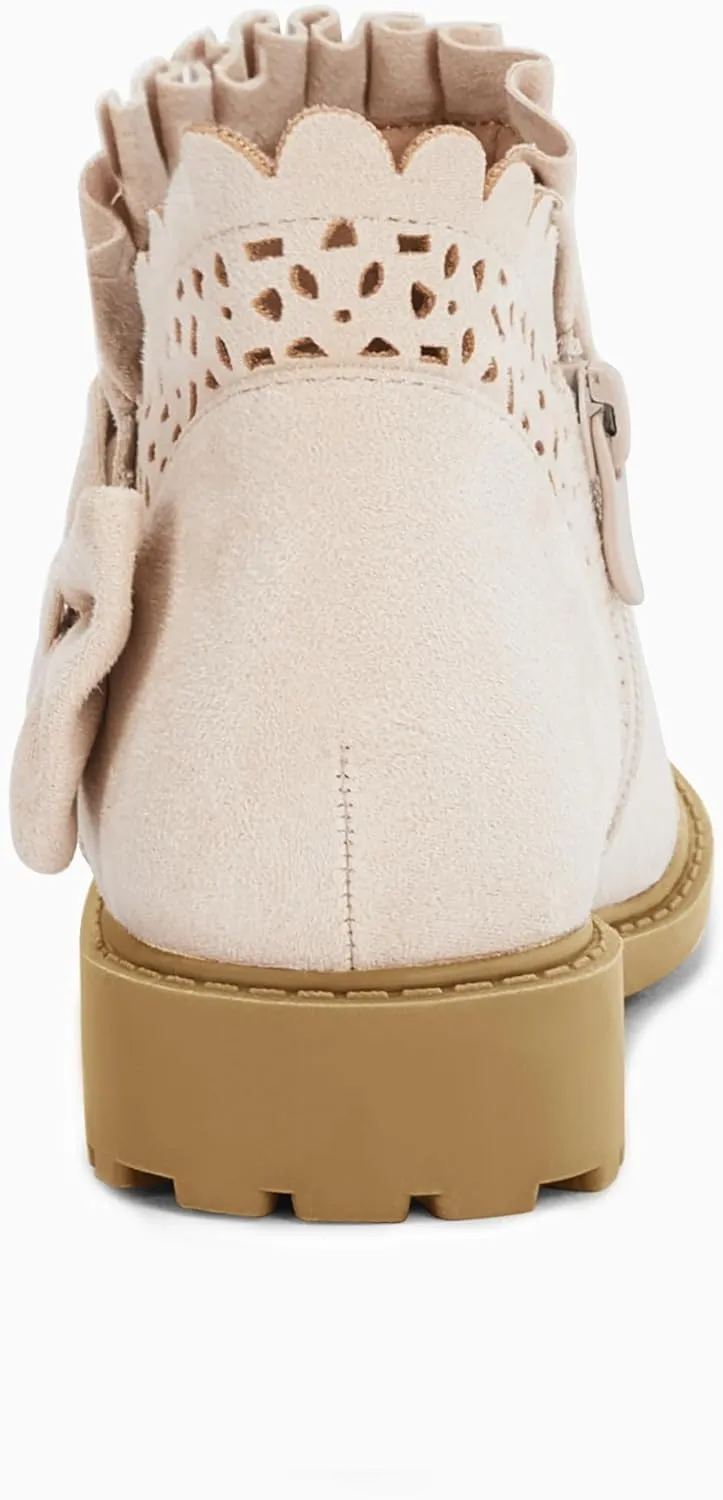 Coutgo Girls Bow Ankle Boots Ruffled Chunky Heel with Classic Side Zipper Dress Booties for Little Kids/Big Kids