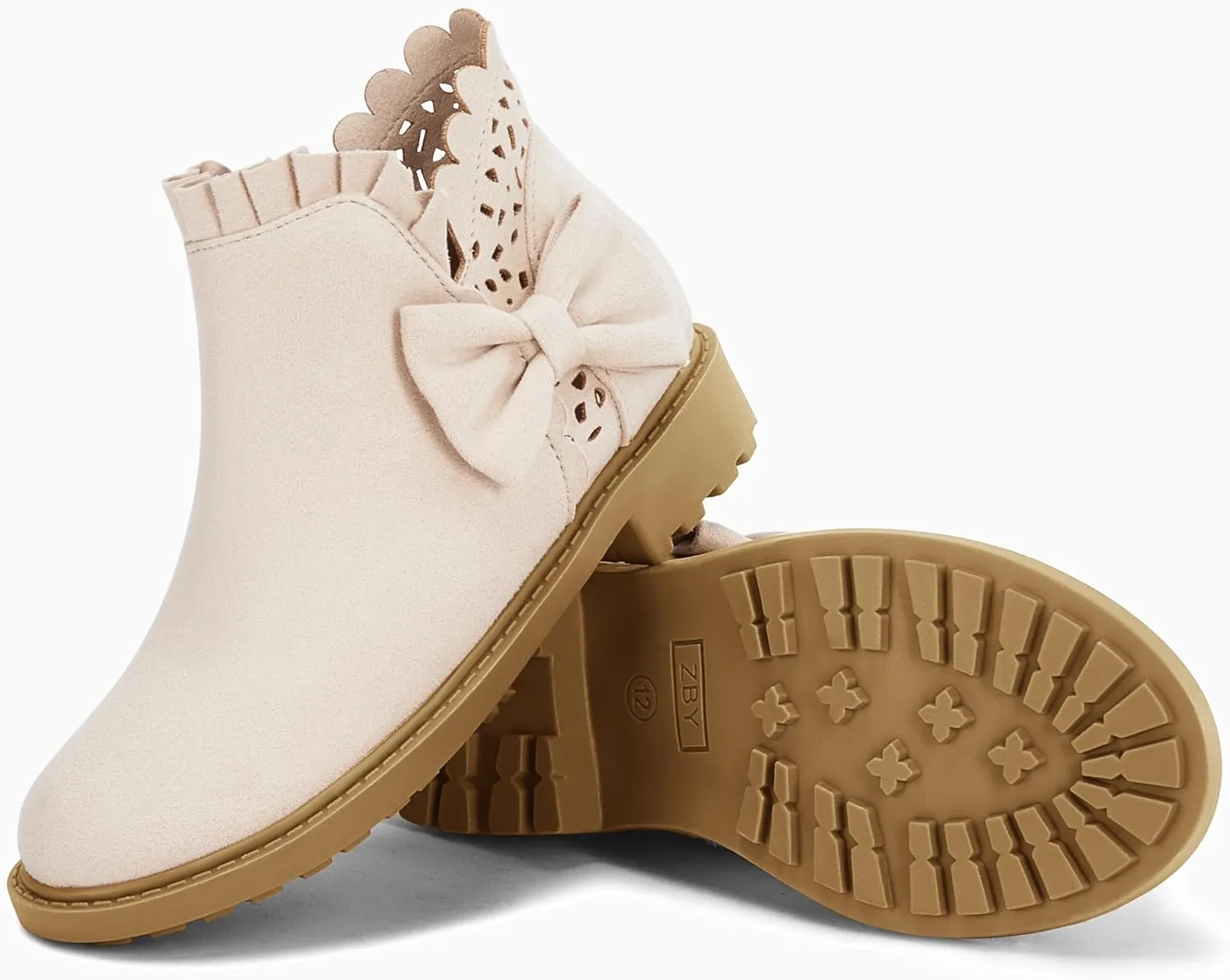 Coutgo Girls Bow Ankle Boots Ruffled Chunky Heel with Classic Side Zipper Dress Booties for Little Kids/Big Kids