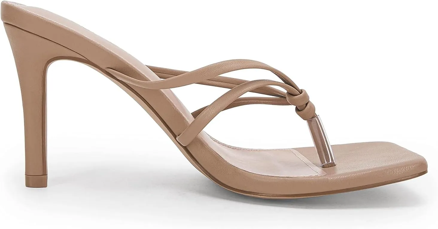 Coutgo Womens Heeded Sandals Strappy Square Toe Flip Flops Fashion Thong Slip On Stiletto Sandals