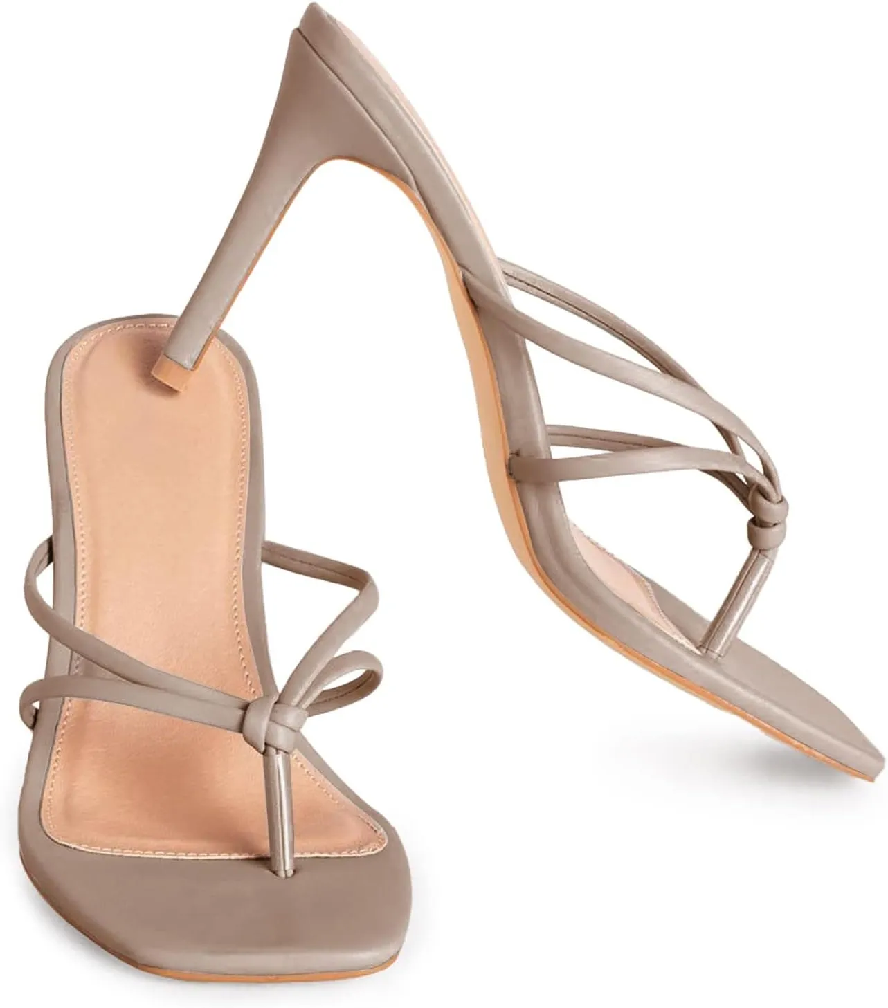Coutgo Womens Heeded Sandals Strappy Square Toe Flip Flops Fashion Thong Slip On Stiletto Sandals
