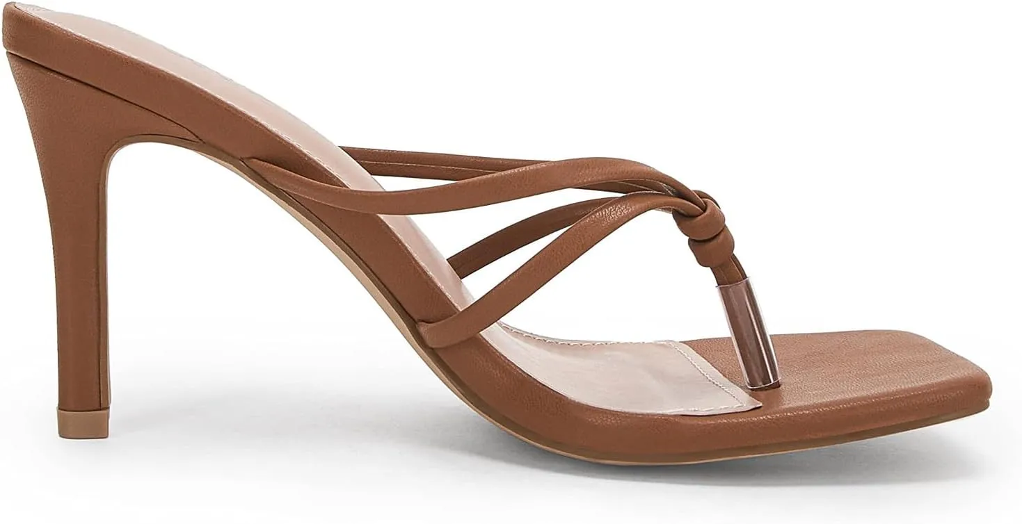 Coutgo Womens Heeded Sandals Strappy Square Toe Flip Flops Fashion Thong Slip On Stiletto Sandals