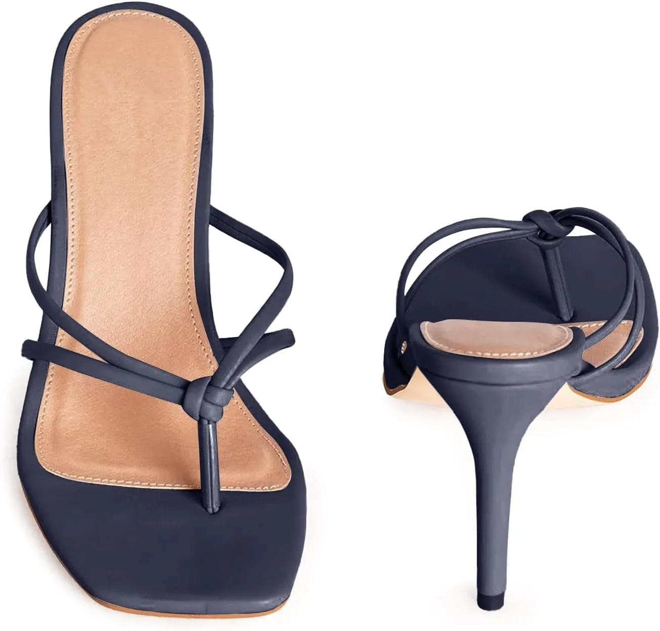 Coutgo Womens Heeded Sandals Strappy Square Toe Flip Flops Fashion Thong Slip On Stiletto Sandals