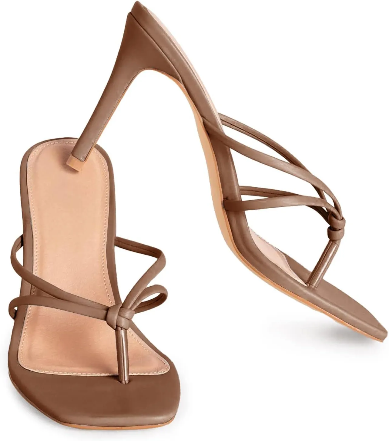 Coutgo Womens Heeded Sandals Strappy Square Toe Flip Flops Fashion Thong Slip On Stiletto Sandals