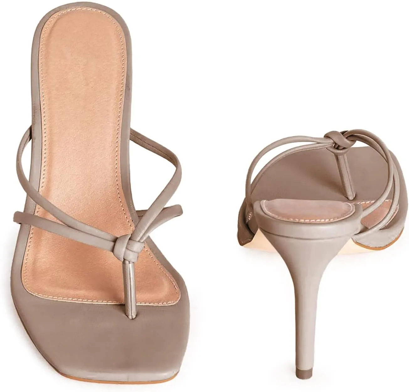 Coutgo Womens Heeded Sandals Strappy Square Toe Flip Flops Fashion Thong Slip On Stiletto Sandals
