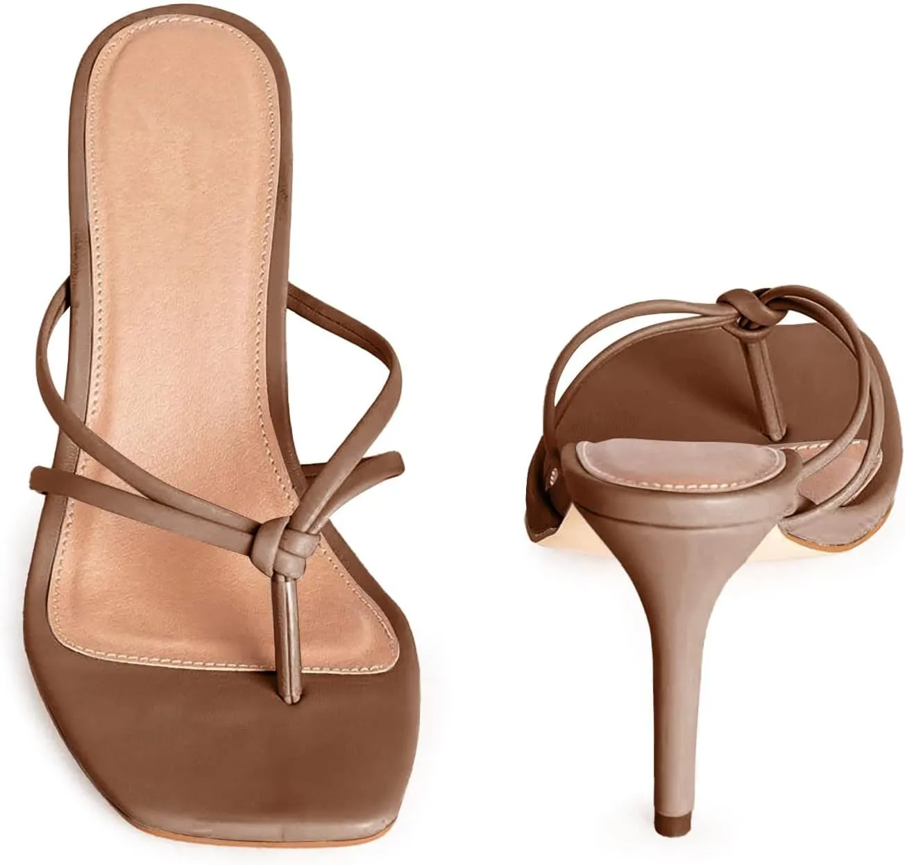 Coutgo Womens Heeded Sandals Strappy Square Toe Flip Flops Fashion Thong Slip On Stiletto Sandals