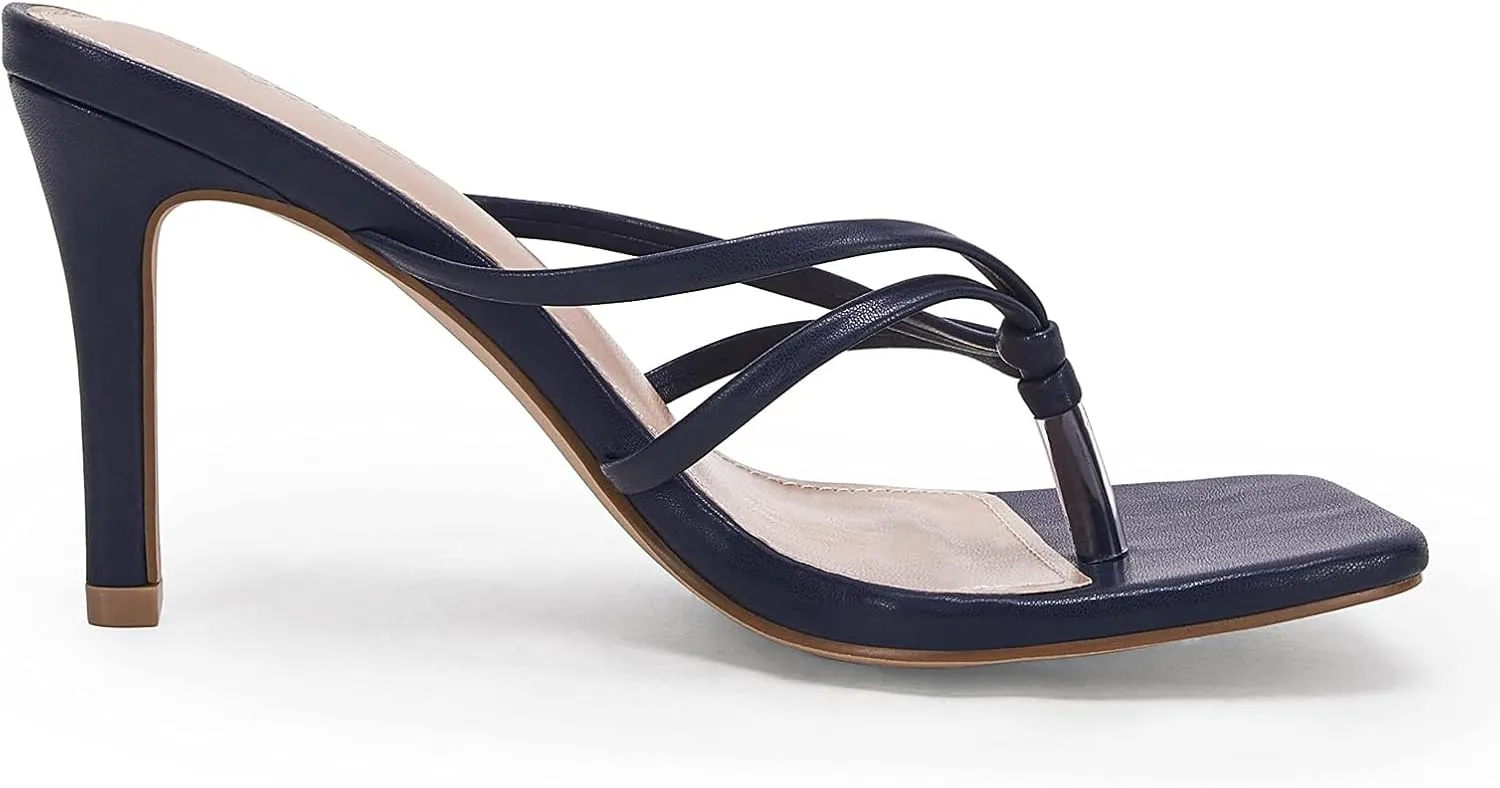 Coutgo Womens Strappy Heeded Sandals Square Toe Flip Flops Fashion Stiletto Thong Slip On Sandals