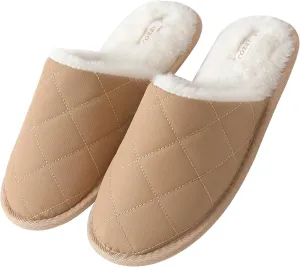 COZZY women’s faux fur slippers with chic quilted technical fabric exterior for winter, warm and cozy slip on indoor women's slippers with memory foam and anti-slip sole for cold weather