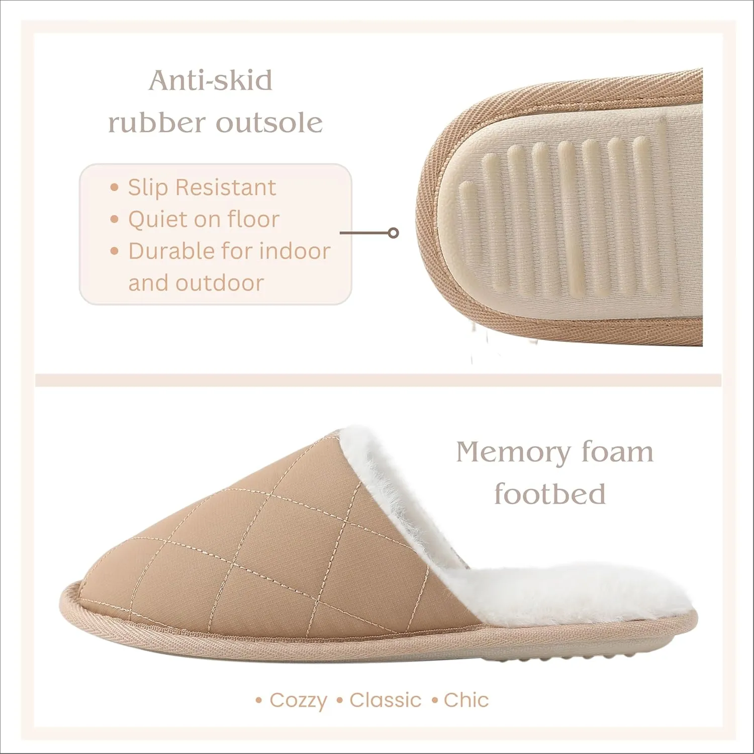 COZZY women’s faux fur slippers with chic quilted technical fabric exterior for winter, warm and cozy slip on indoor women's slippers with memory foam and anti-slip sole for cold weather
