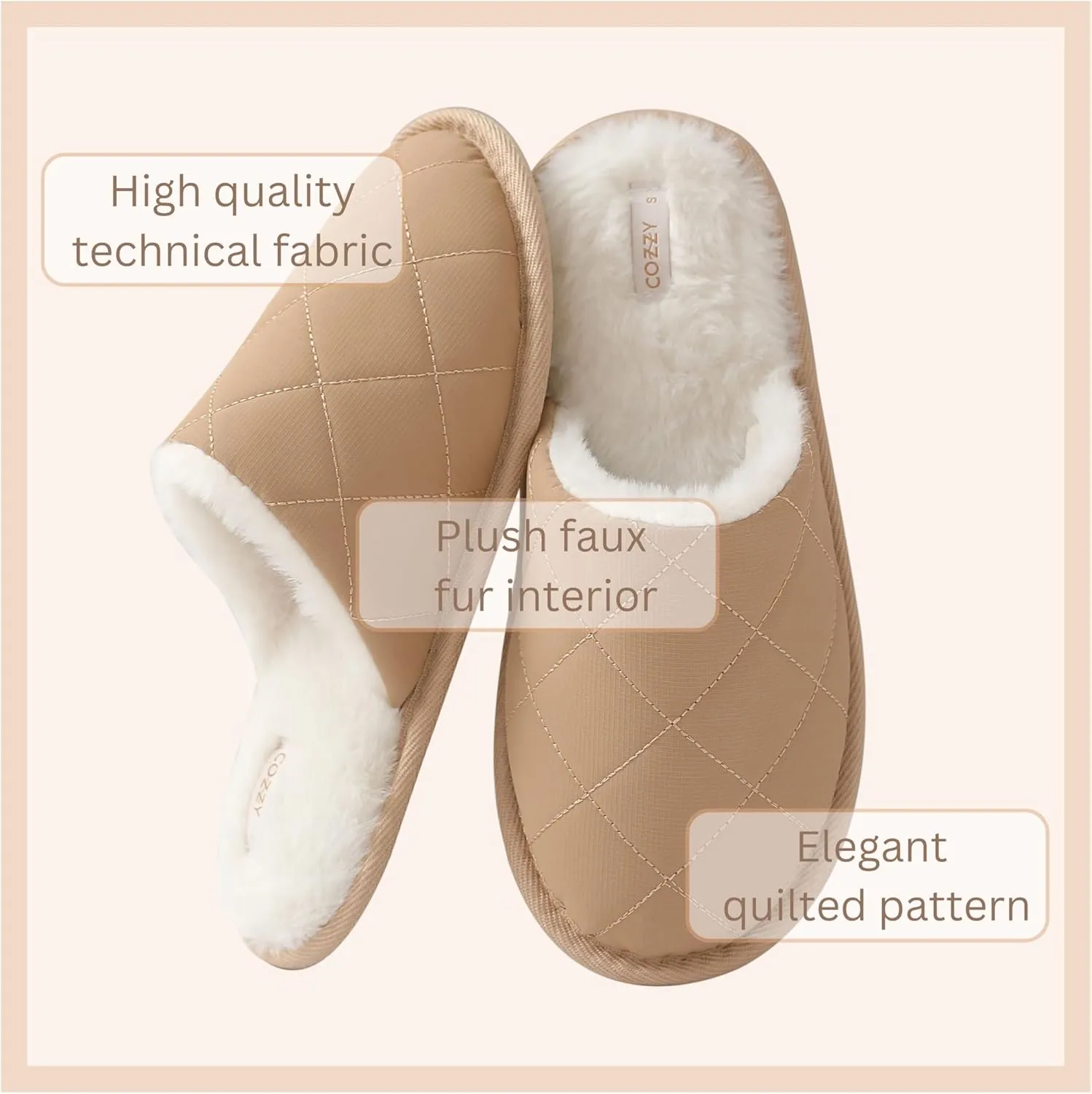 COZZY women’s faux fur slippers with chic quilted technical fabric exterior for winter, warm and cozy slip on indoor women's slippers with memory foam and anti-slip sole for cold weather