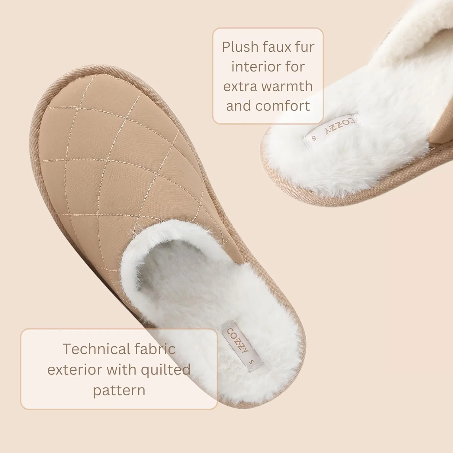 COZZY women’s faux fur slippers with chic quilted technical fabric exterior for winter, warm and cozy slip on indoor women's slippers with memory foam and anti-slip sole for cold weather