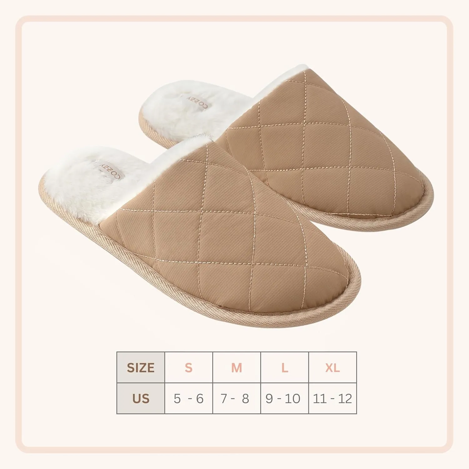 COZZY women’s faux fur slippers with chic quilted technical fabric exterior for winter, warm and cozy slip on indoor women's slippers with memory foam and anti-slip sole for cold weather
