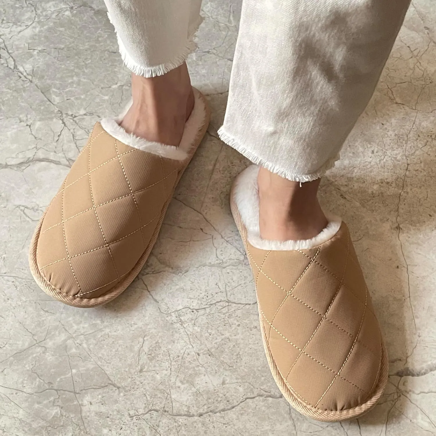 COZZY women’s faux fur slippers with chic quilted technical fabric exterior for winter, warm and cozy slip on indoor women's slippers with memory foam and anti-slip sole for cold weather