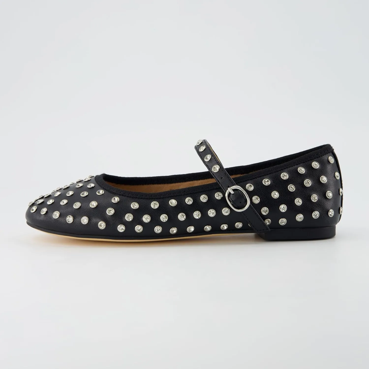 CUSHIONAIRE Flashy Women’s Bling Studded Mary Jane Flats | Comfortable Memory Foam, Faux Leather, Lightweight, Wide Widths Available