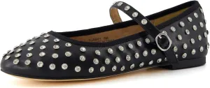 CUSHIONAIRE Flashy Women’s Bling Studded Mary Jane Flats | Comfortable Memory Foam, Faux Leather, Lightweight, Wide Widths Available