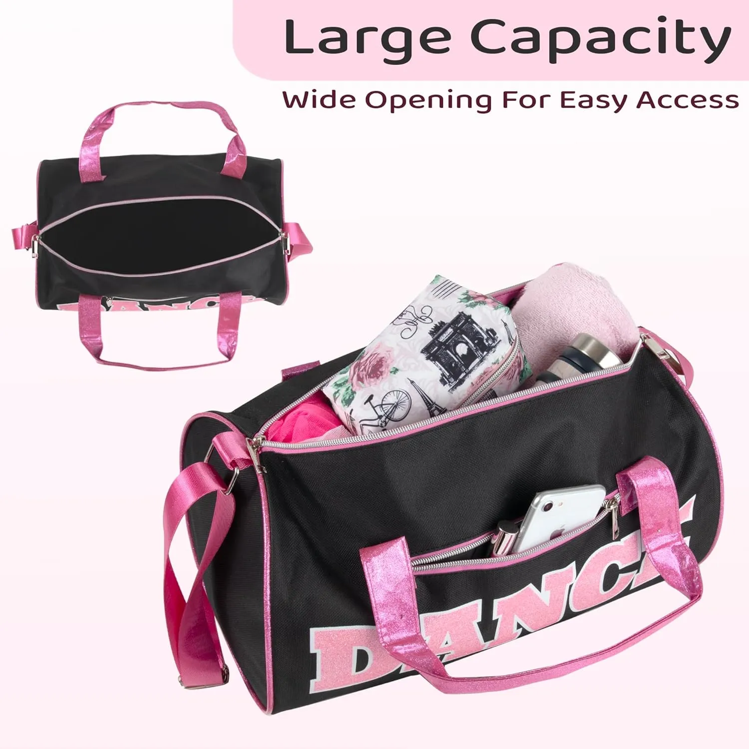 Dance Duffle Bags for Dancers, Girls, Teens, and Student Athletes, Fun Dance Workout Duffel Bag for Girls and Boys (Black/Pink)
