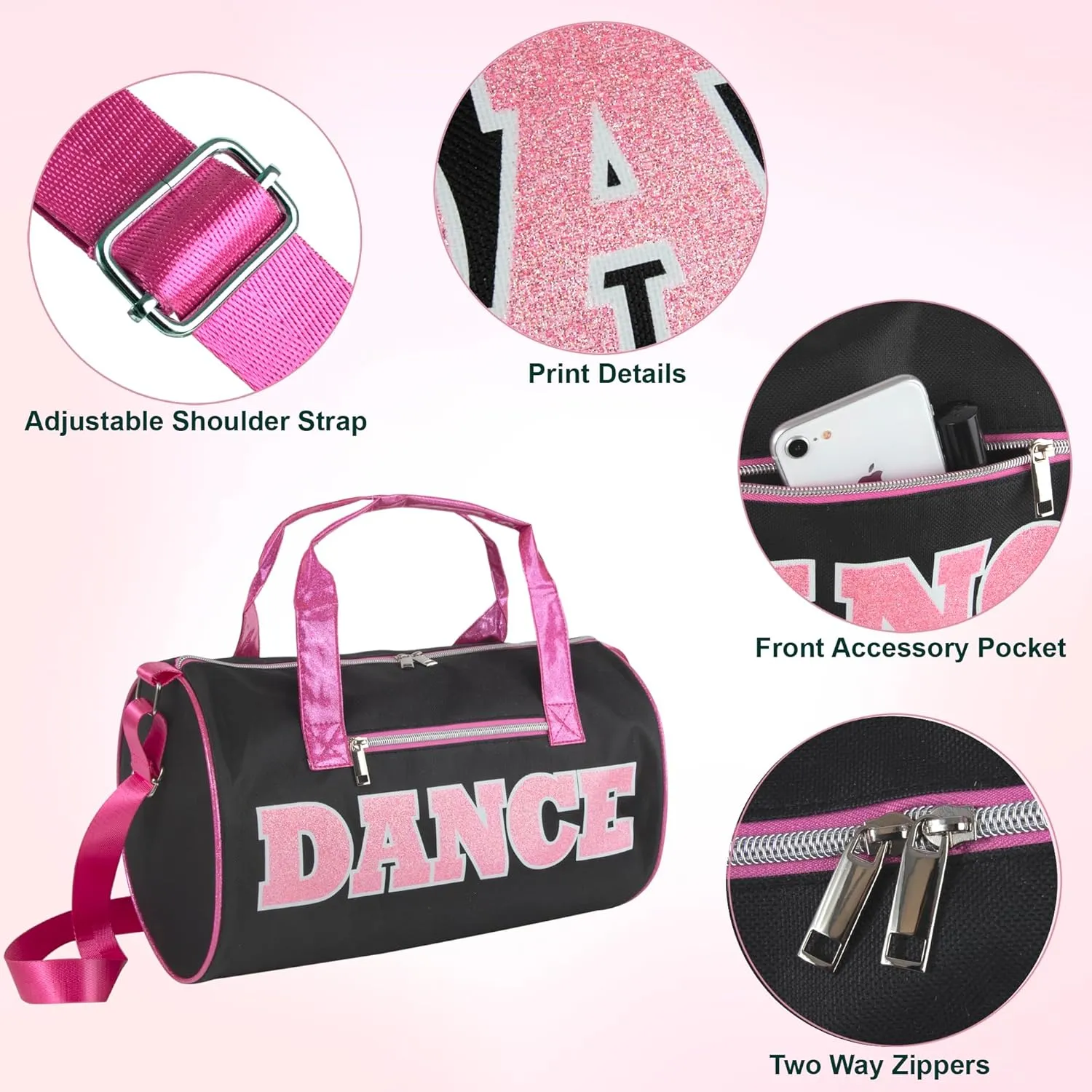 Dance Duffle Bags for Dancers, Girls, Teens, and Student Athletes, Fun Dance Workout Duffel Bag for Girls and Boys (Black/Pink)