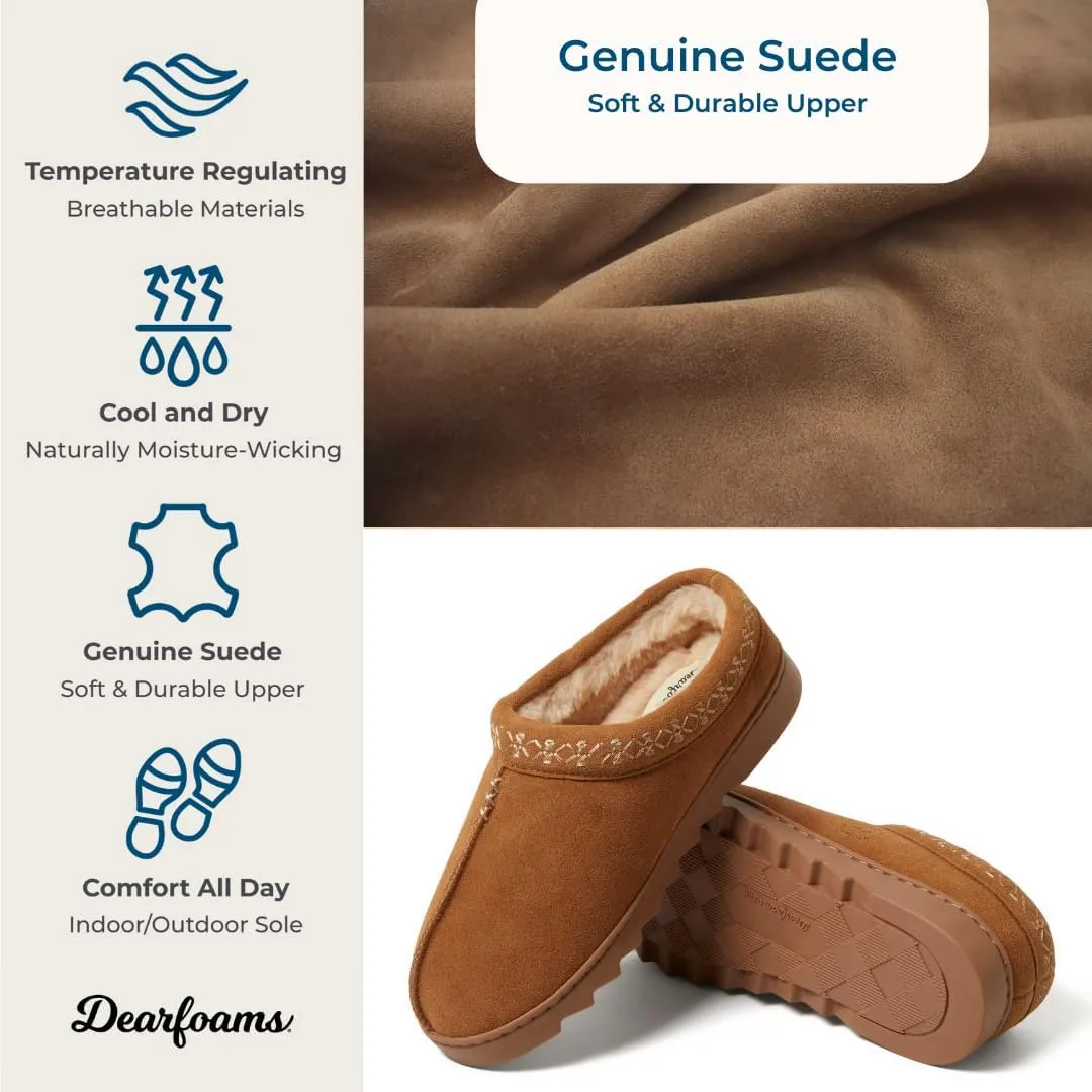 Dearfoams Women's Suede Indoor Outdoor Slip on Memory Foam House Doreen Clog Slippers