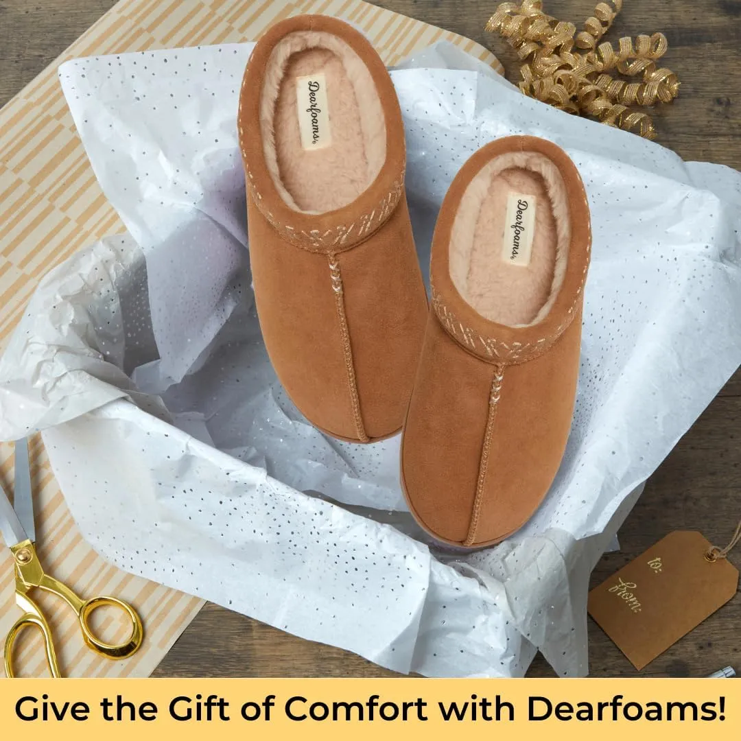 Dearfoams Women's Suede Indoor Outdoor Slip on Memory Foam House Doreen Clog Slippers