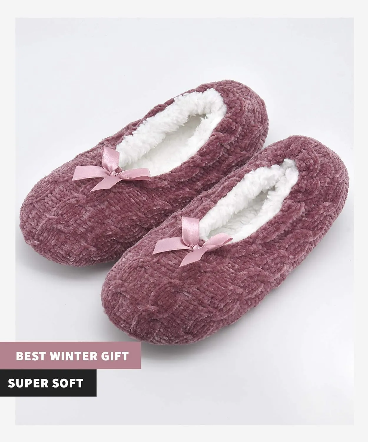DICUIRD Womens Thick & Warm Slipper Socks with Grippers -Chenille Bow Fuzzy House Slippers