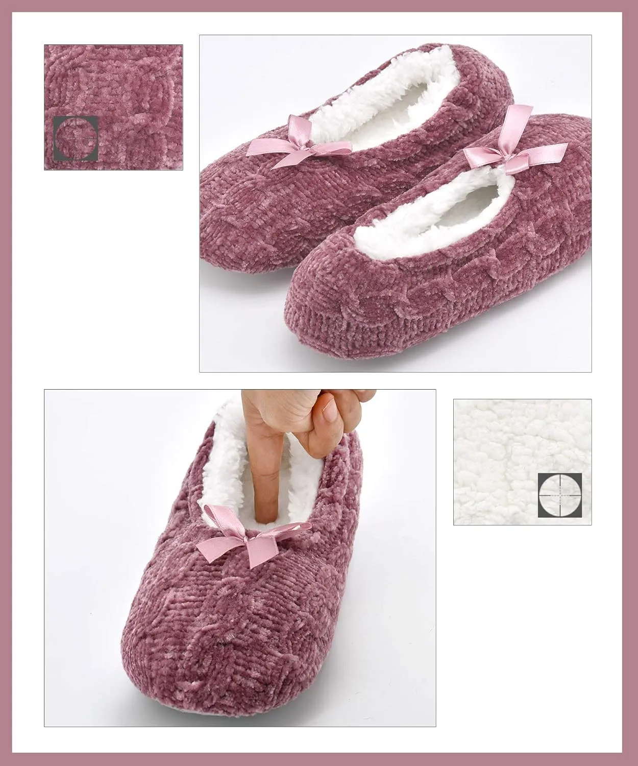 DICUIRD Womens Thick & Warm Slipper Socks with Grippers -Chenille Bow Fuzzy House Slippers