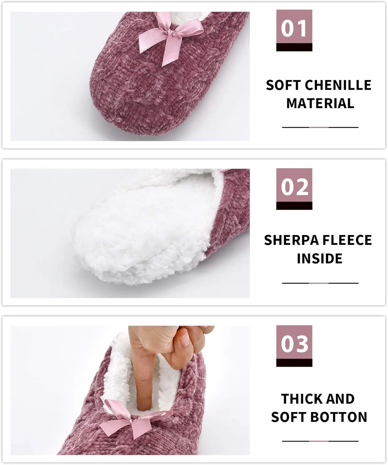 DICUIRD Womens Thick & Warm Slipper Socks with Grippers -Chenille Bow Fuzzy House Slippers