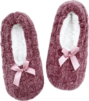 DICUIRD Womens Thick & Warm Slipper Socks with Grippers -Chenille Bow Fuzzy House Slippers