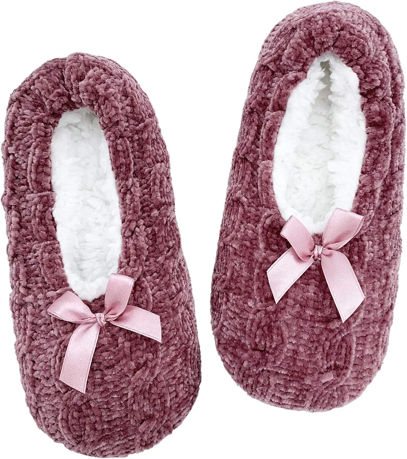 DICUIRD Womens Thick & Warm Slipper Socks with Grippers -Chenille Bow Fuzzy House Slippers