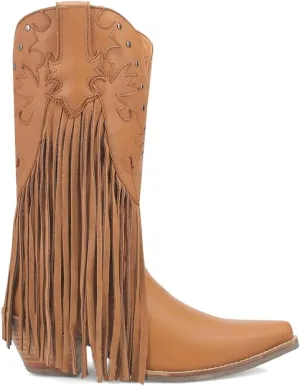 Dingo Womens Hoedown Fringe Studded Round Toe Casual Boots Mid Calf Low Heel 1-2" - Off White