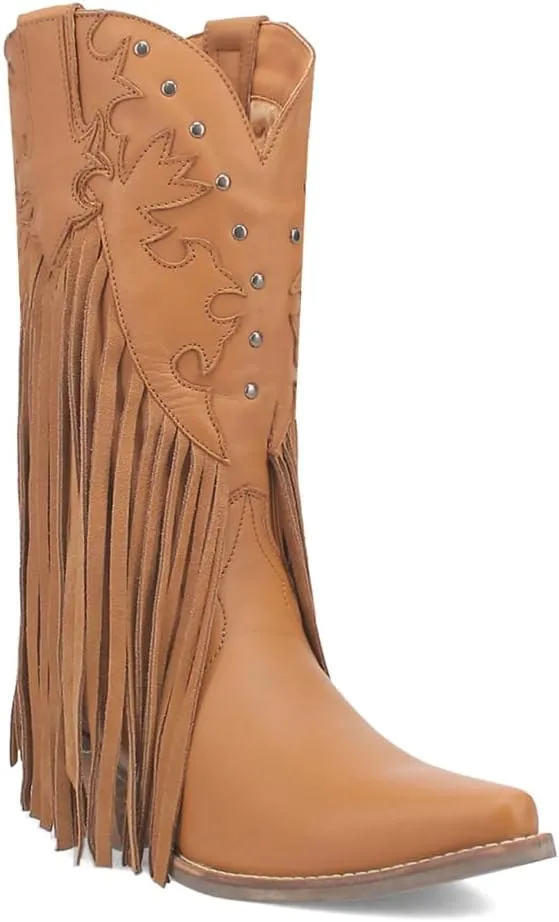 Dingo Womens Hoedown Fringe Studded Round Toe Casual Boots Mid Calf Low Heel 1-2" - Off White