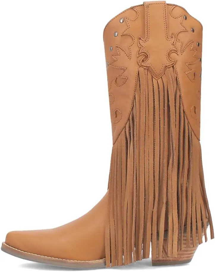 Dingo Womens Hoedown Fringe Studded Round Toe Casual Boots Mid Calf Low Heel 1-2" - Off White