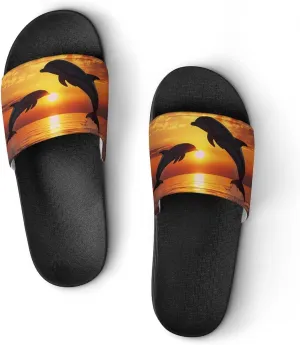 Dolphin Sunset Slippers for Women Men Anti-Slip Shower Slides Open Toe Slippers for Home Outdoor Beach