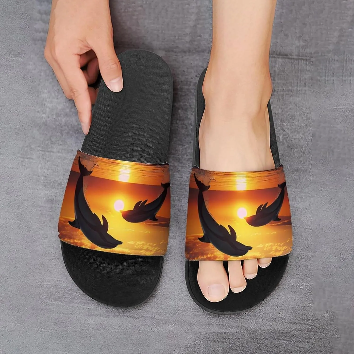 Dolphin Sunset Slippers for Women Men Anti-Slip Shower Slides Open Toe Slippers for Home Outdoor Beach
