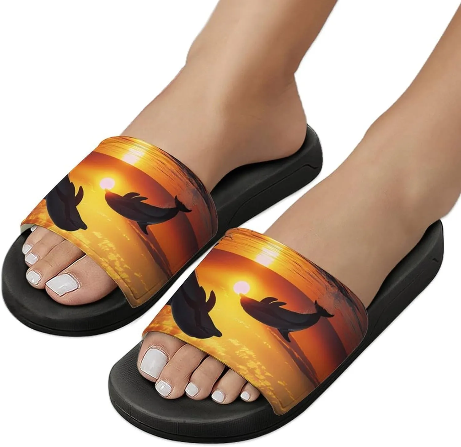 Dolphin Sunset Slippers for Women Men Anti-Slip Shower Slides Open Toe Slippers for Home Outdoor Beach