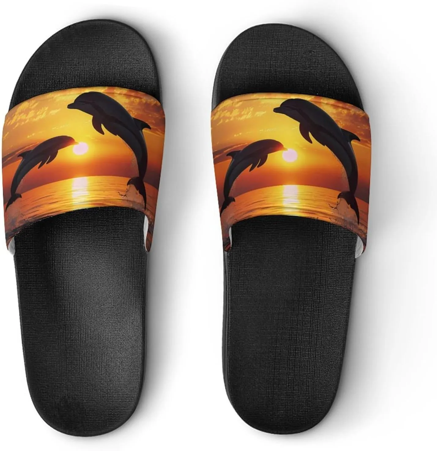 Dolphin Sunset Slippers for Women Men Anti-Slip Shower Slides Open Toe Slippers for Home Outdoor Beach