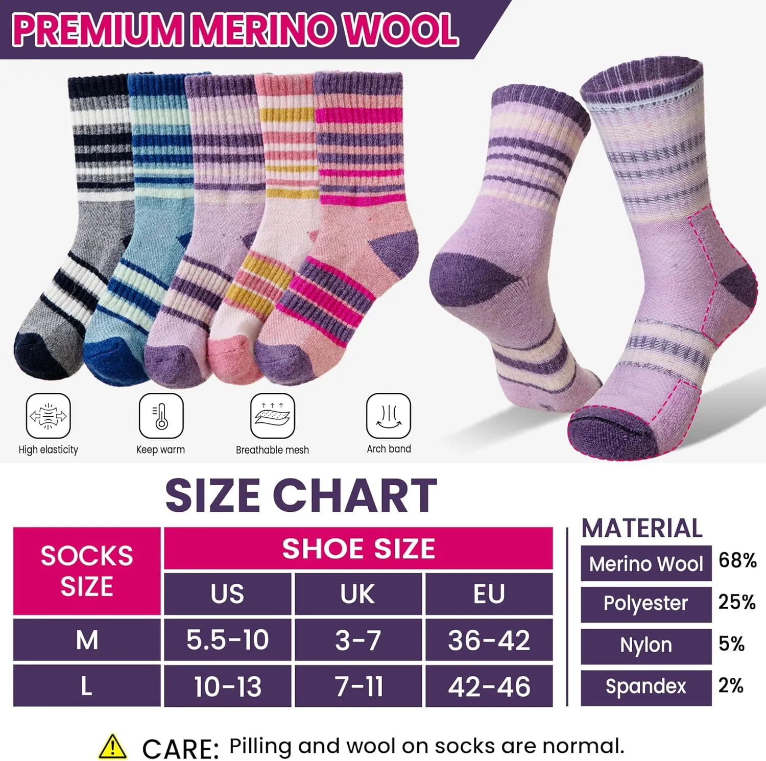 DoSmart Merino Wool Hiking Socks for Women Thermal Winter Warm Moisture Wicking Boot Work Cushion Gift Socks 5 Pairs