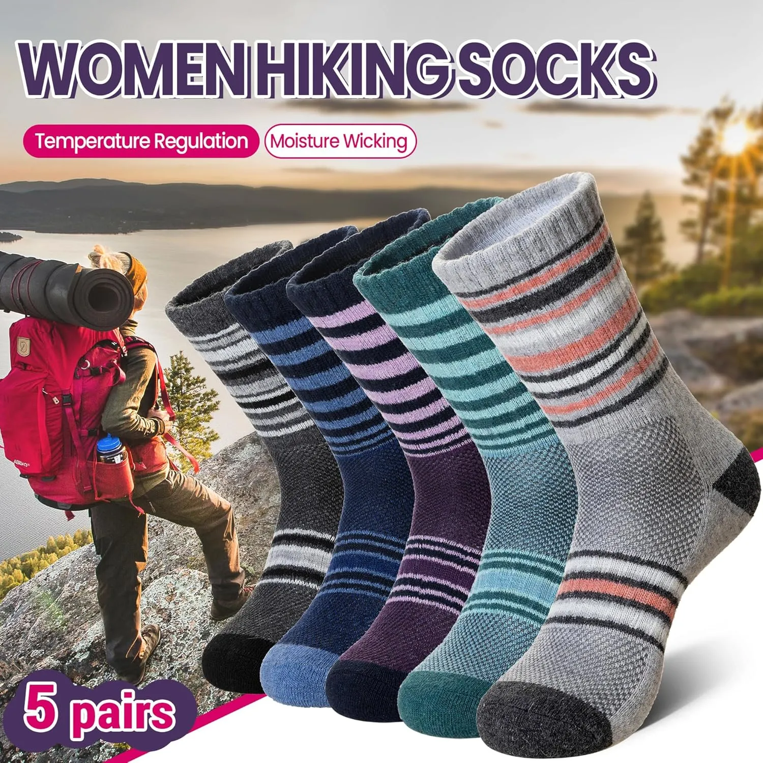 DoSmart Merino Wool Hiking Socks for Women Thermal Winter Warm Moisture Wicking Boot Work Cushion Gift Socks 5 Pairs