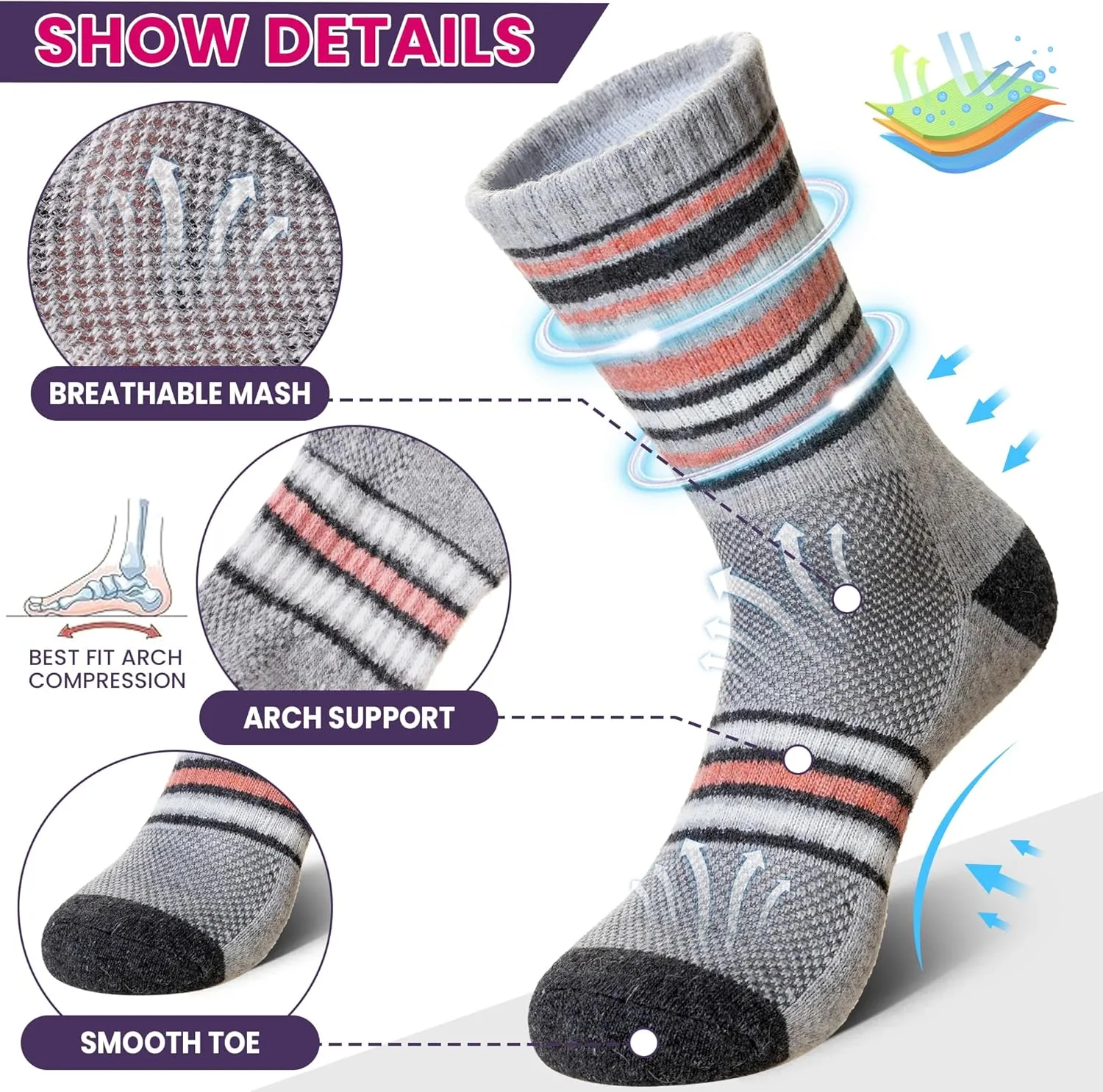 DoSmart Merino Wool Hiking Socks for Women Thermal Winter Warm Moisture Wicking Boot Work Cushion Gift Socks 5 Pairs