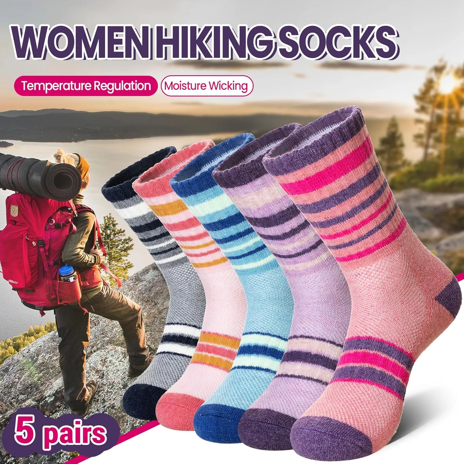 DoSmart Merino Wool Hiking Socks for Women Thermal Winter Warm Moisture Wicking Boot Work Cushion Gift Socks 5 Pairs