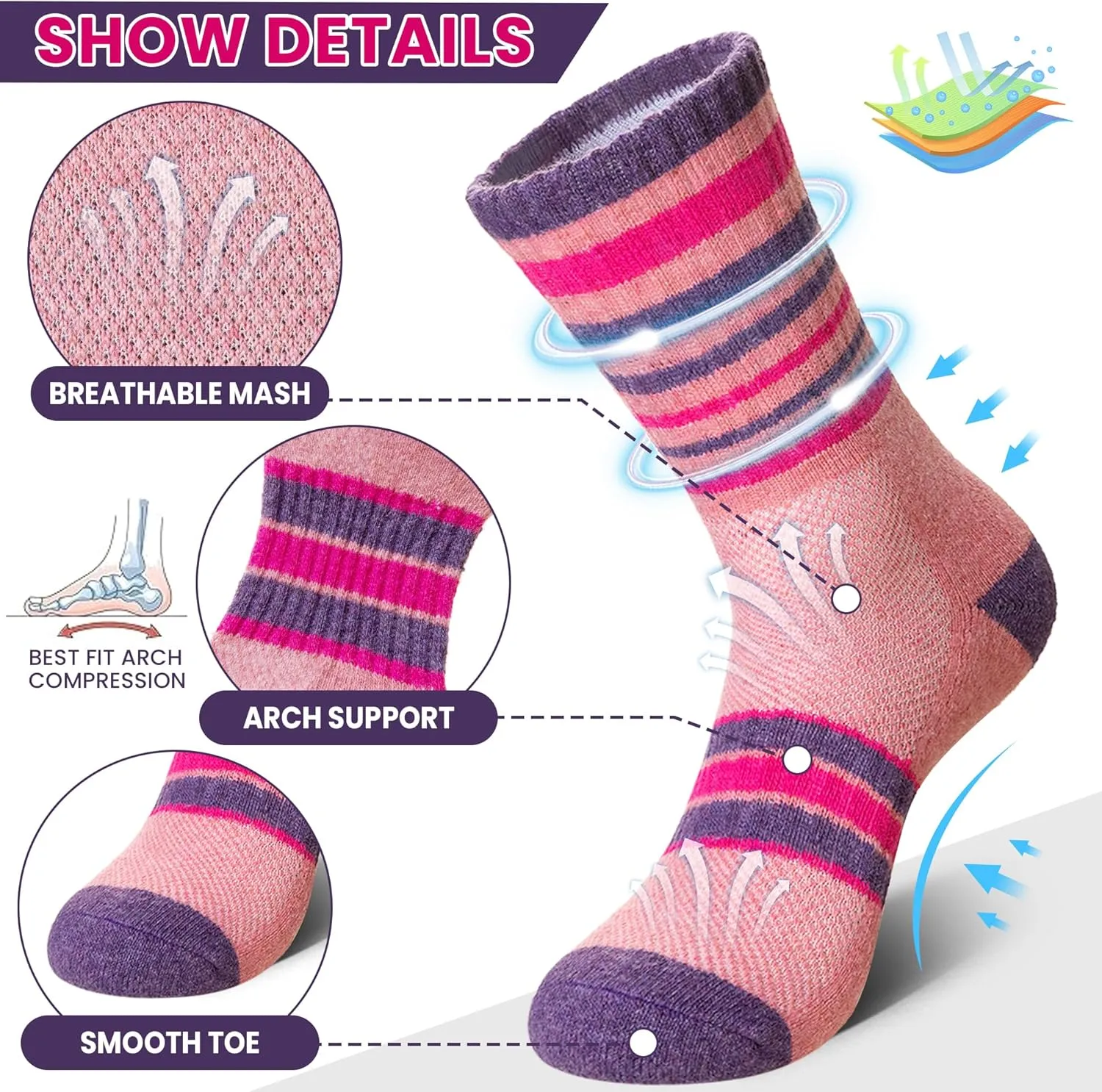 DoSmart Merino Wool Hiking Socks for Women Thermal Winter Warm Moisture Wicking Boot Work Cushion Gift Socks 5 Pairs