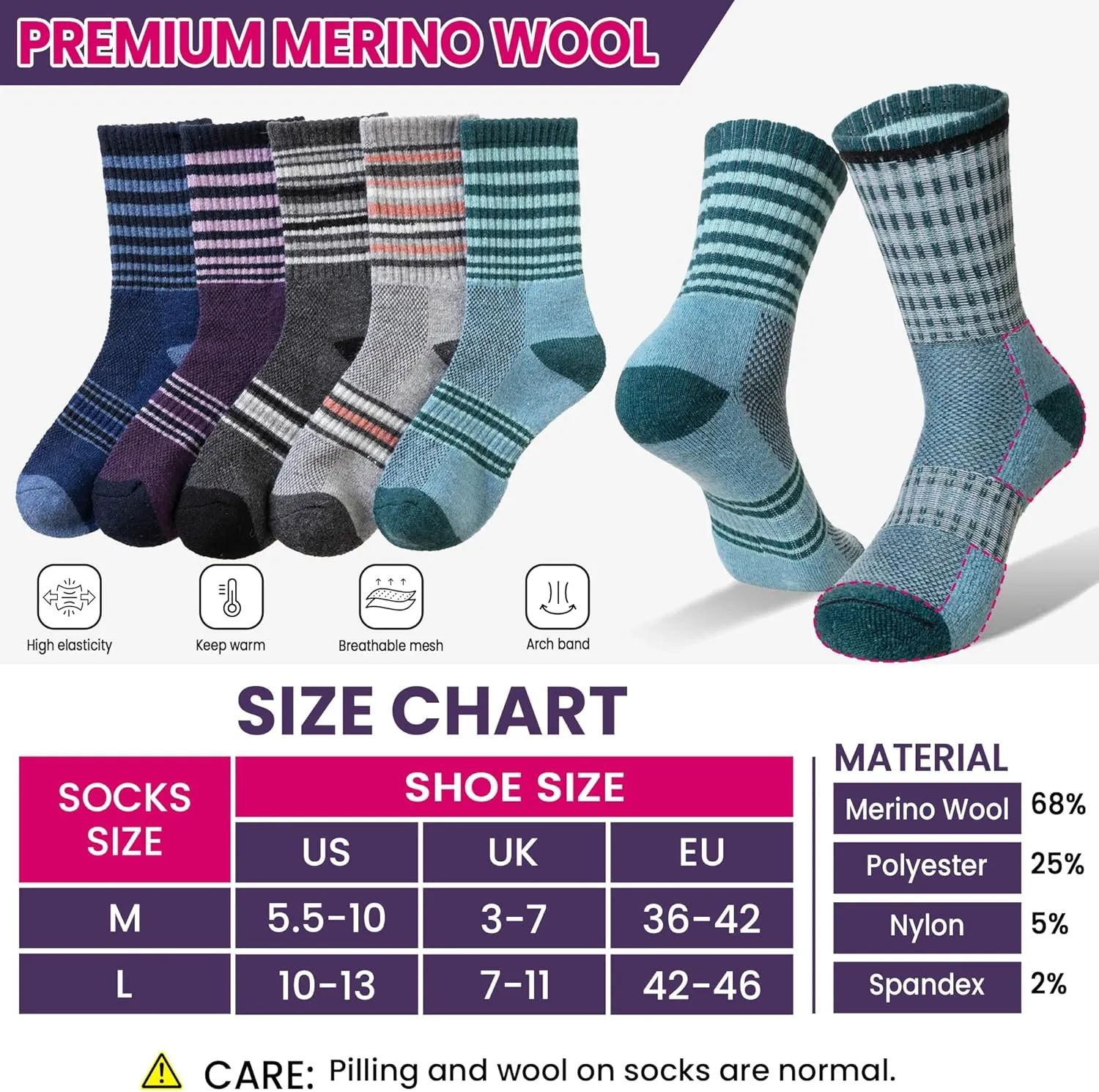 DoSmart Merino Wool Hiking Socks for Women Thermal Winter Warm Moisture Wicking Boot Work Cushion Gift Socks 5 Pairs