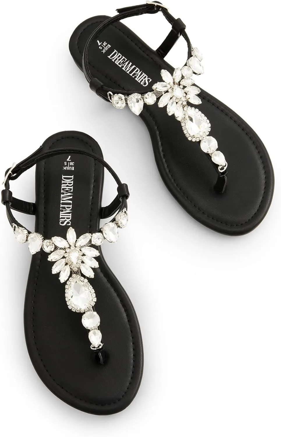 DREAM PAIRS Flat Sandals for Women Dressy Rhinestone T-Strap Thong Flat Sandals for Summers Dress Beach