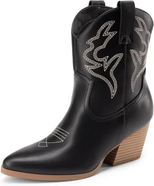 DREAM PAIRS Women's Cowboy Cowgirl Boots Embroidered Stitched Short Western Boots Low Chunky Heel Pointed Toe Ankle Booties